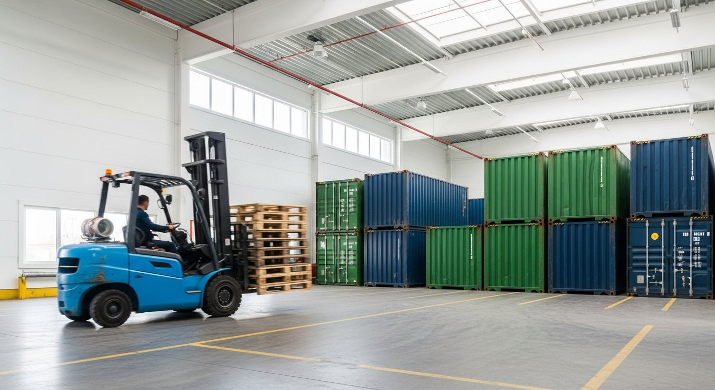 warehouse logistics interior with forklift and boxes